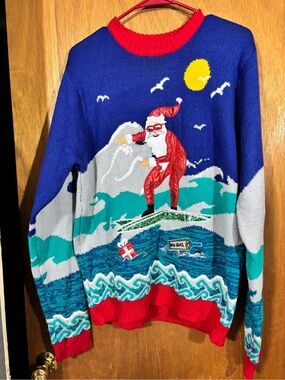 Surfing Santa Christmas Sweater Size Large Mens